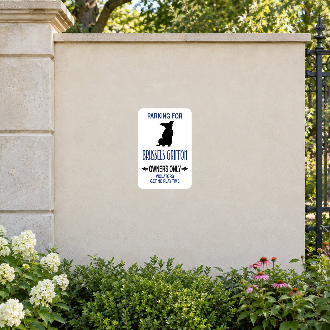 White square parking sign sticker with Brussels Griffon owner-only text and dog silhouette