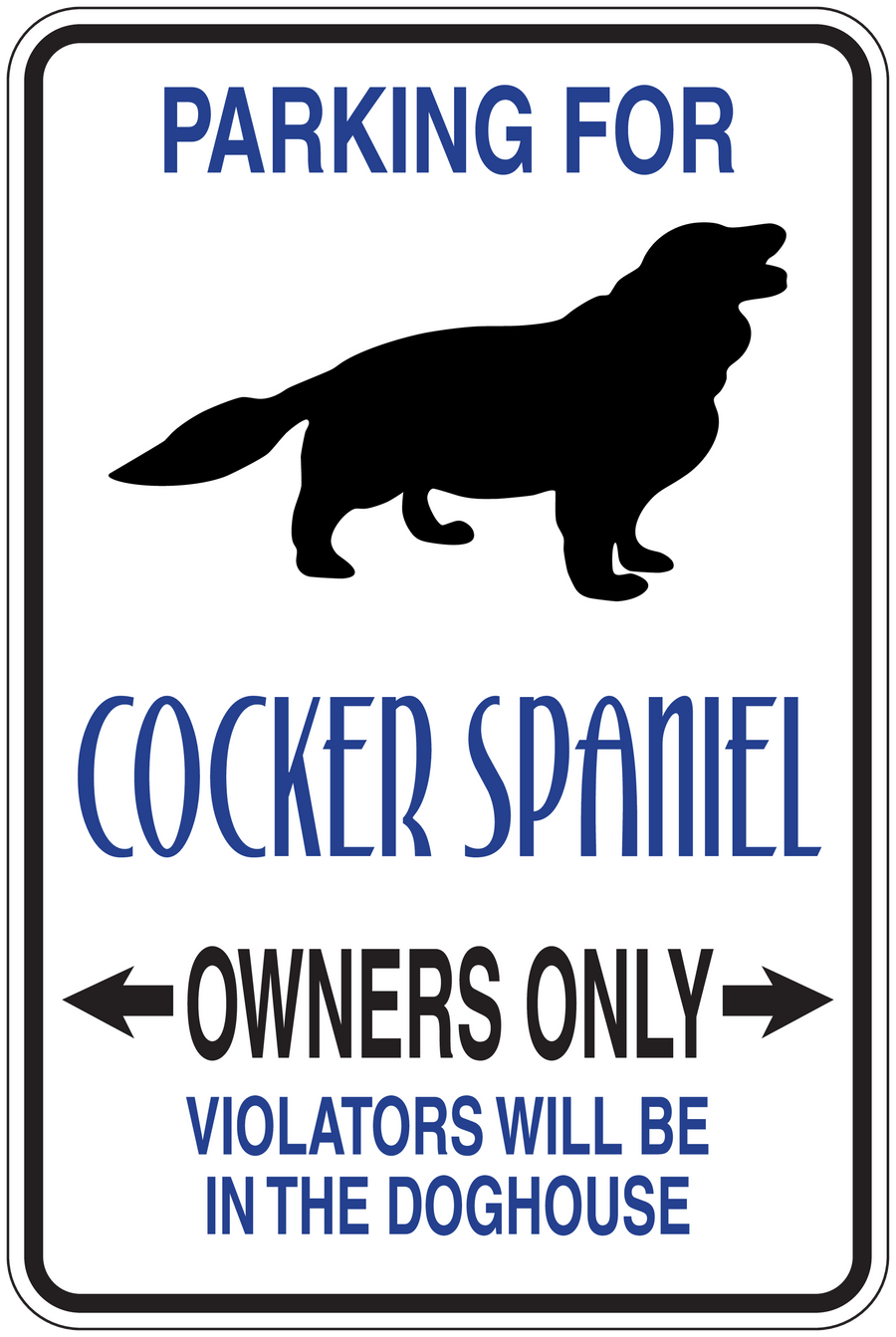 Cocker Spaniel parking sign sticker with black dog silhouette and blue warning text.