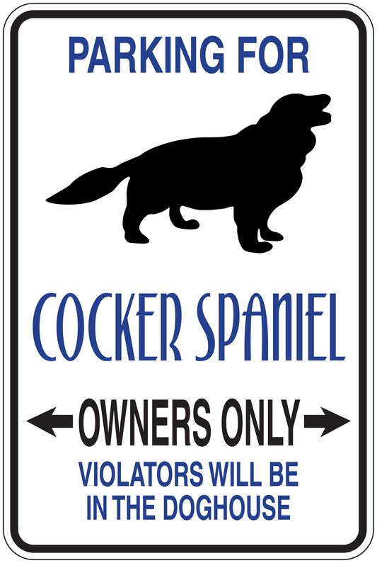 Cocker Spaniel parking sign sticker with black dog silhouette and blue warning text.