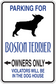 Rectangular parking sign sticker with black Boston terrier silhouette and blue “Owners Only” text