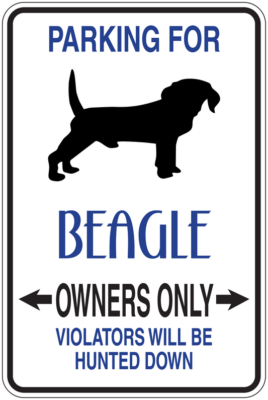Beagle owners only parking sign sticker with blue border, beagle icon, arrows, text