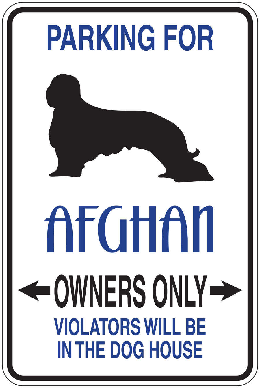 Parking sign sticker with blue text 'PARKING FOR Afghan OWNERS ONLY' and black dog icon