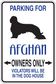 Parking sign sticker with blue text 'PARKING FOR Afghan OWNERS ONLY' and black dog icon
