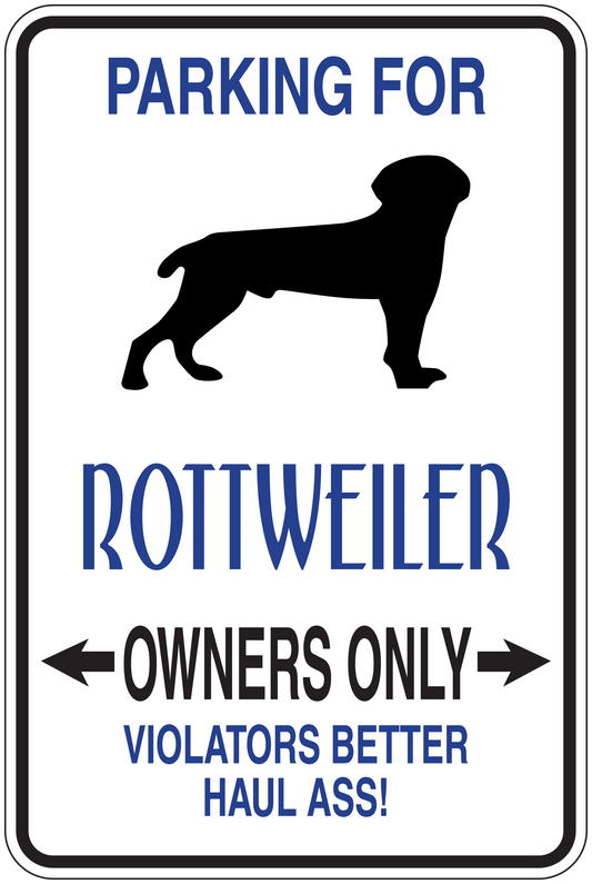 Rectangular parking sign sticker: rottweiler silhouette, blue 'Owners only' text