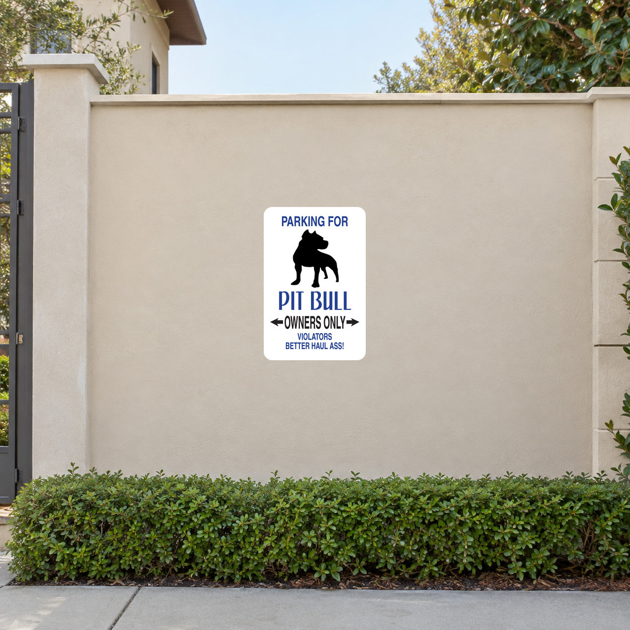 Pit bull parking sign sticker, white square with black pit bull and text