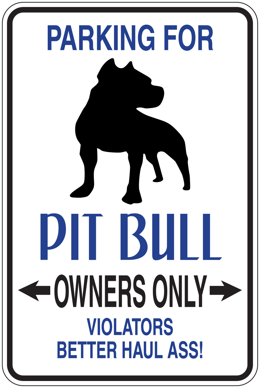 Pit bull parking sticker with dog silhouette and 'Owners Only' blue text