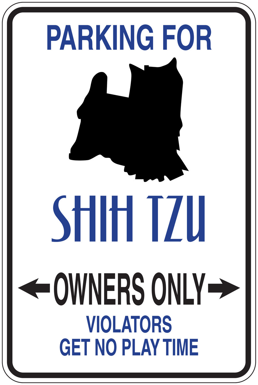 Shih Tzu parking sign sticker with black dog silhouette and blue "Owners Only" text