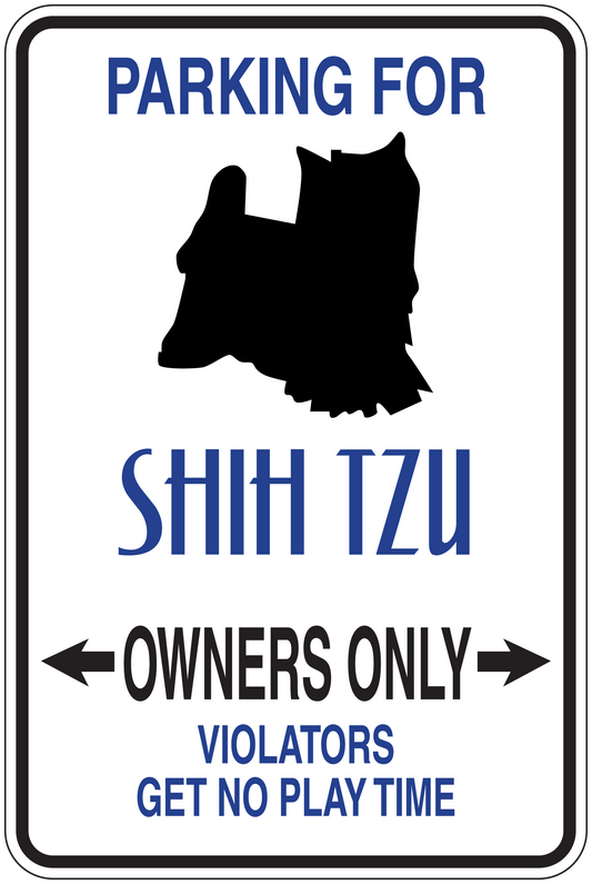 Shih Tzu parking sign sticker with black dog silhouette and blue "Owners Only" text
