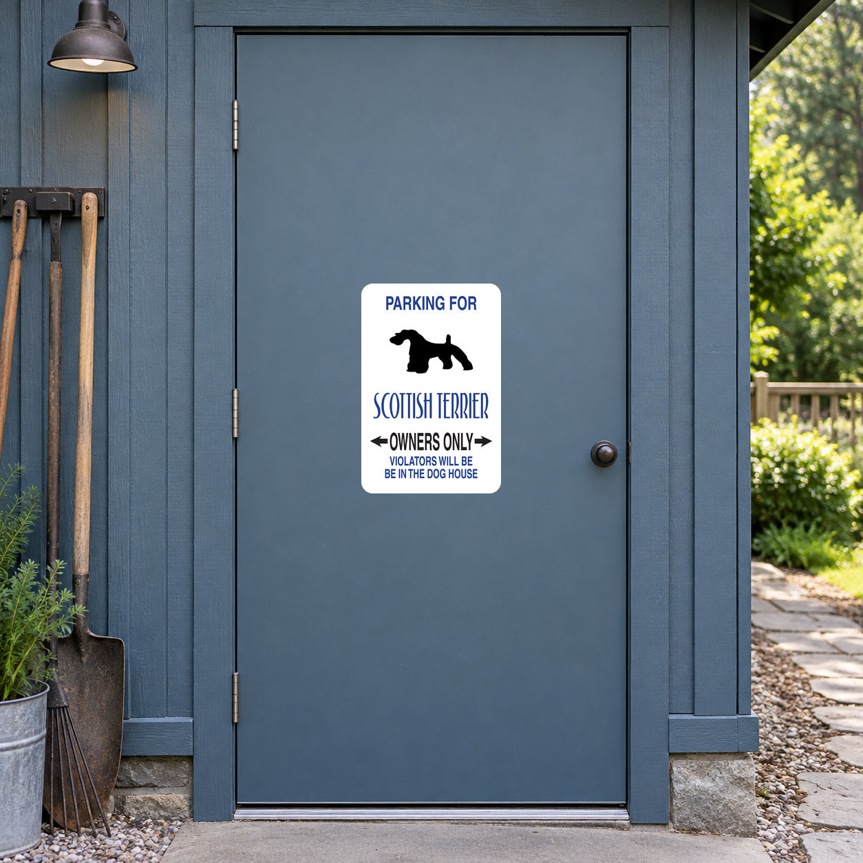Square vinyl parking sign sticker with black Scottish terrier silhouette and text