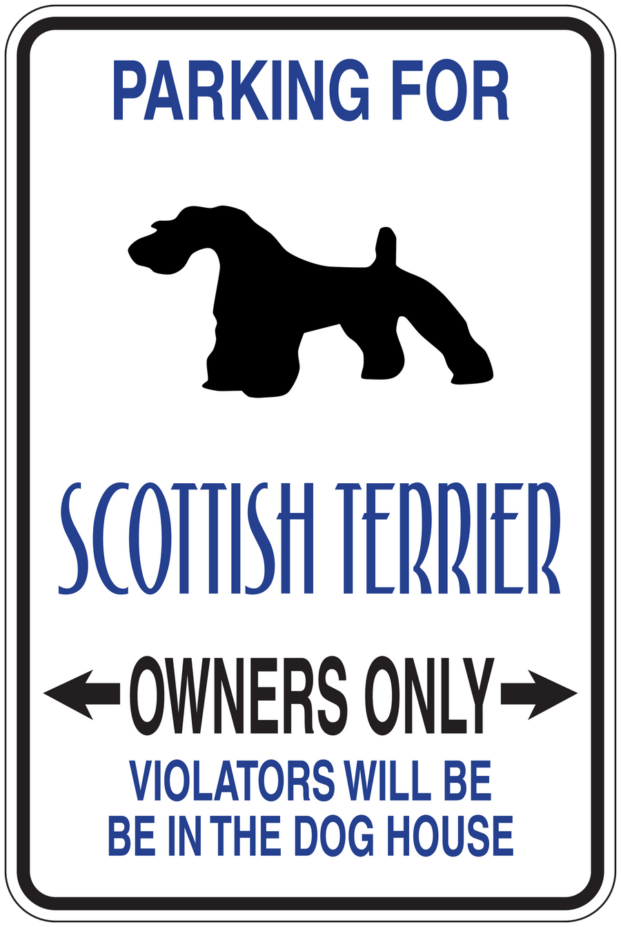Parking sign sticker with Scottish terrier silhouette and "Owners Only" text