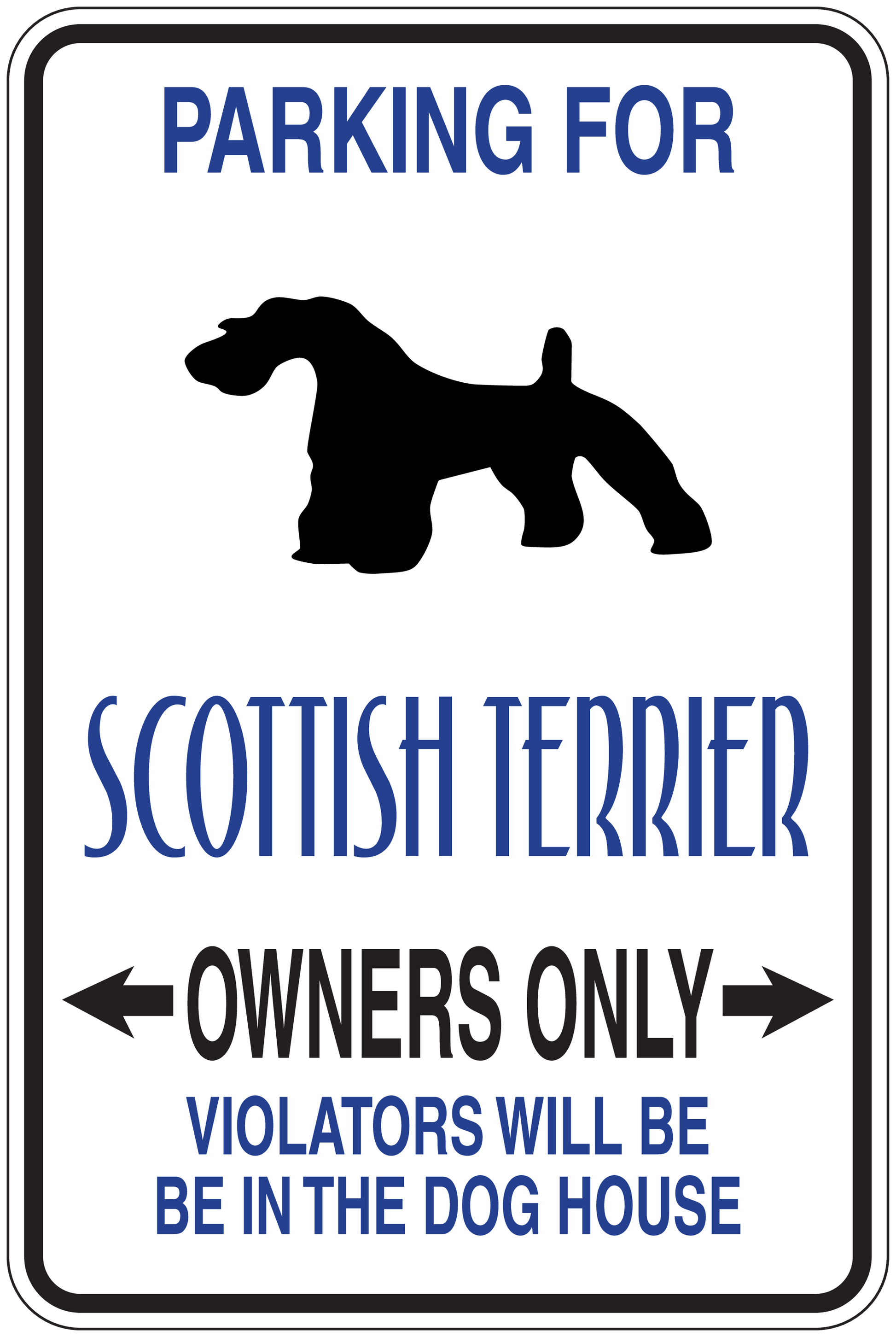 Parking sign sticker with Scottish terrier silhouette and "Owners Only" text
