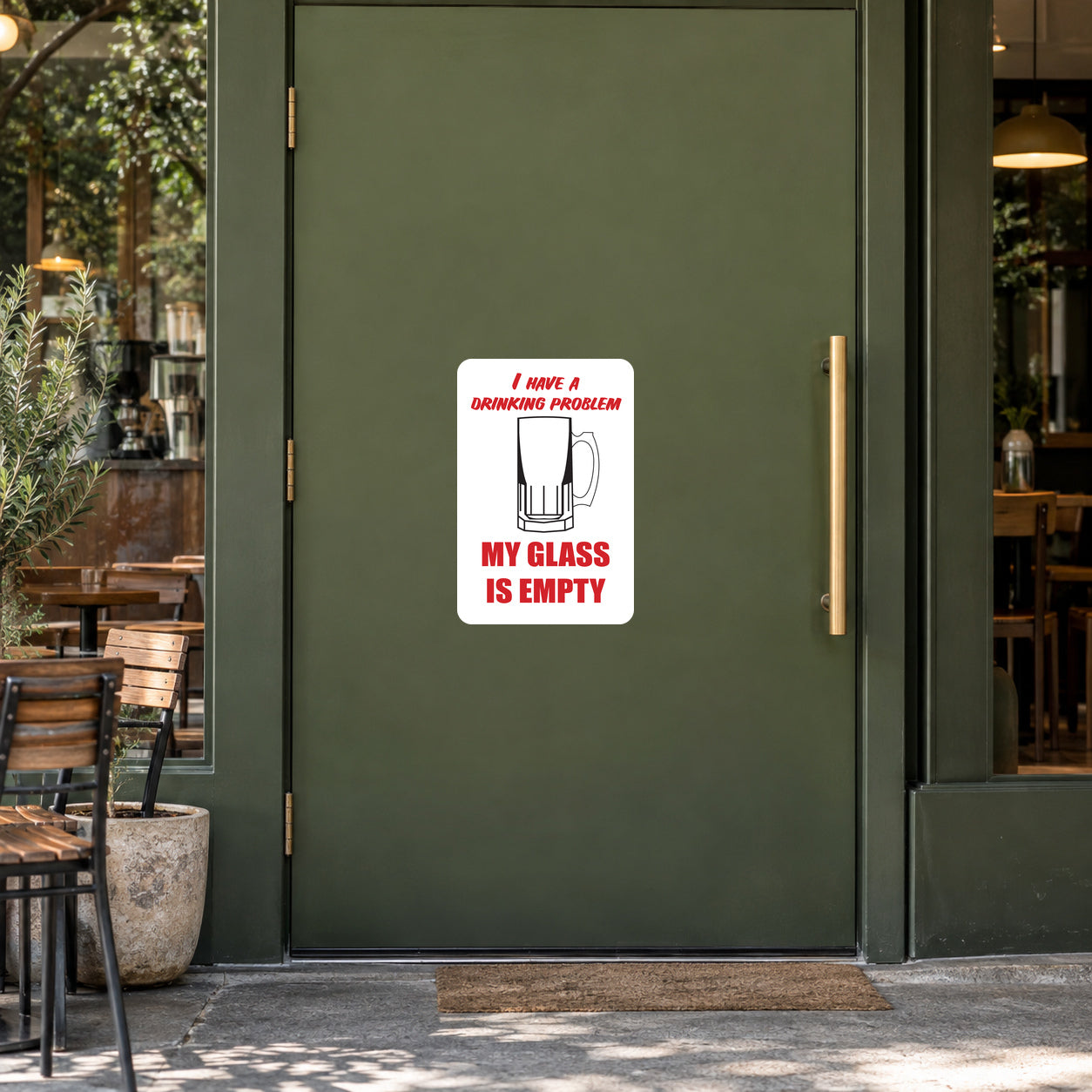 White sign sticker with cartoon mug and text "My glass is empty" on door