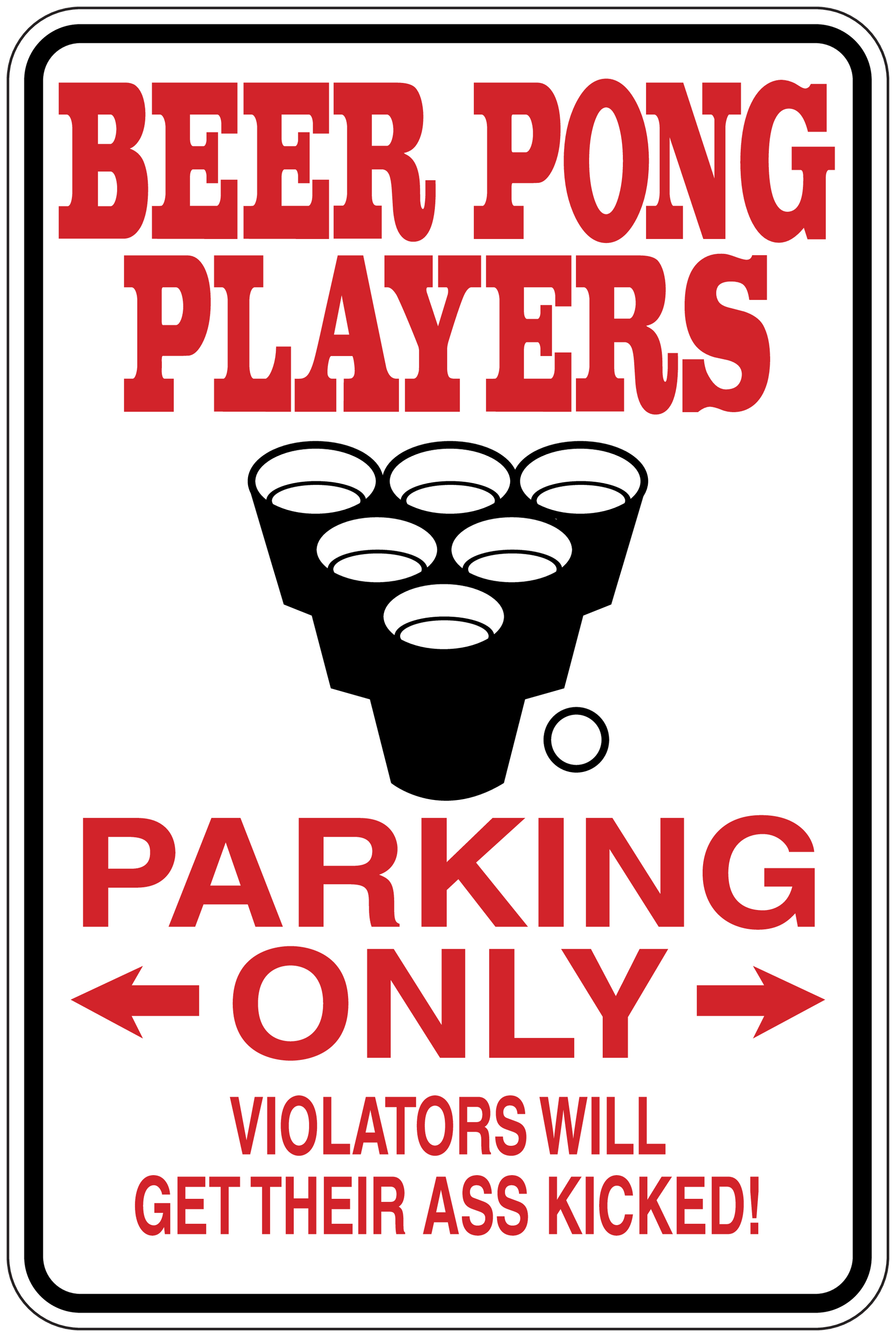 Beer pong players parking sticker with red text and black beer pong cup icon