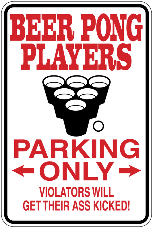 Beer pong players parking sticker with red text and black beer pong cup icon