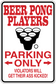 Beer pong players parking sticker with red text and black beer pong cup icon