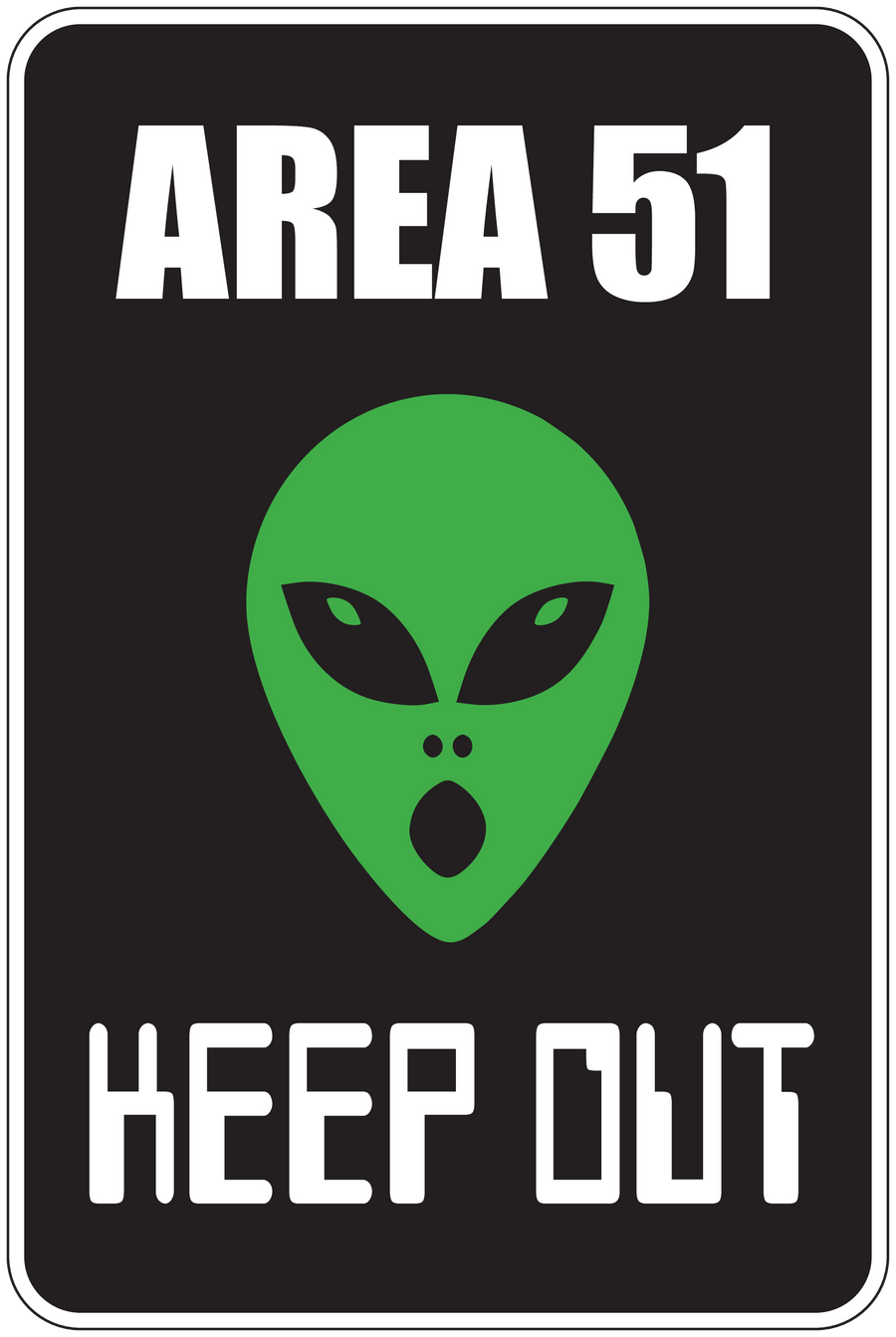 Area 51 keep out sticker with AREA 51 text, green alien head, and KEEP OUT wording