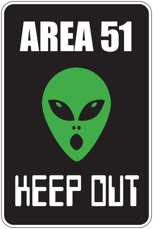 Area 51 keep out sticker with AREA 51 text, green alien head, and KEEP OUT wording