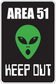 Area 51 keep out sticker with AREA 51 text, green alien head, and KEEP OUT wording