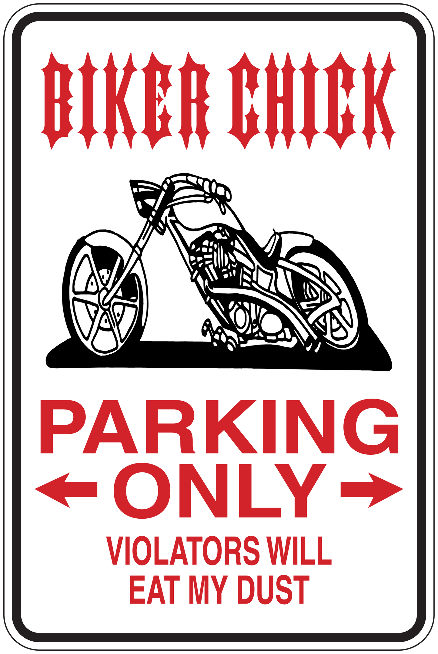 Biker chick parking only sticker with red/black motorcycle and warning text