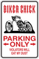 Biker chick parking only sticker with red/black motorcycle and warning text