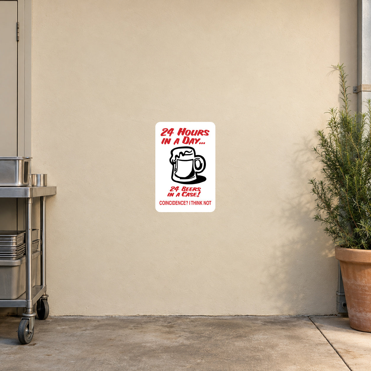 Square white sticker with red text and black beer mug icon