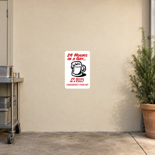 Square white sticker with red text and black beer mug icon