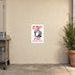 Square white sticker with red text and black beer mug icon