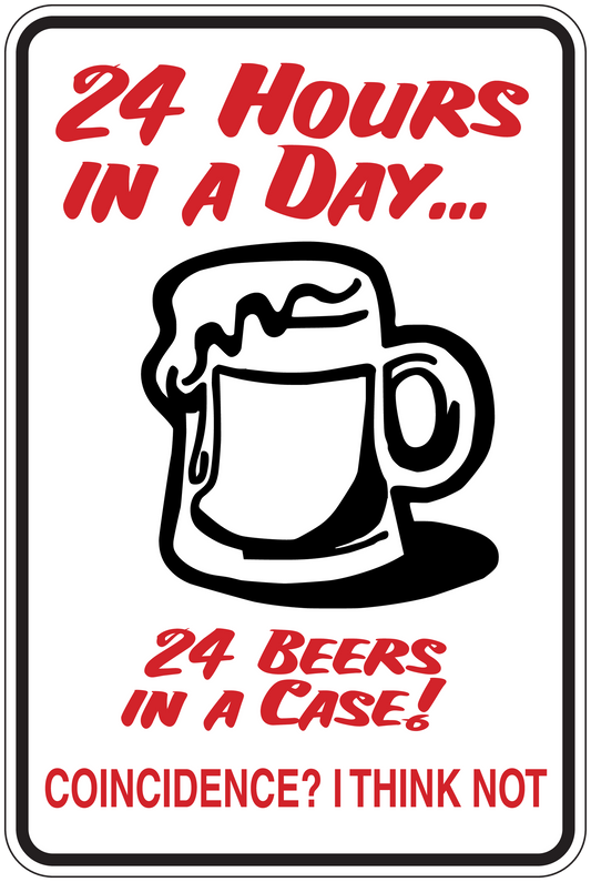 Beer case slogan sticker with red text and line-art mug, white background, white border