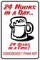 Beer case slogan sticker with red text and line-art mug, white background, white border