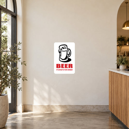 Square white beer mug quote sticker with BEER and “IT'S WHATS FOR DINNER”