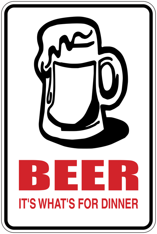 Beer sticker with beer mug icon; red “BEER” text and “It’s what’s for dinner”