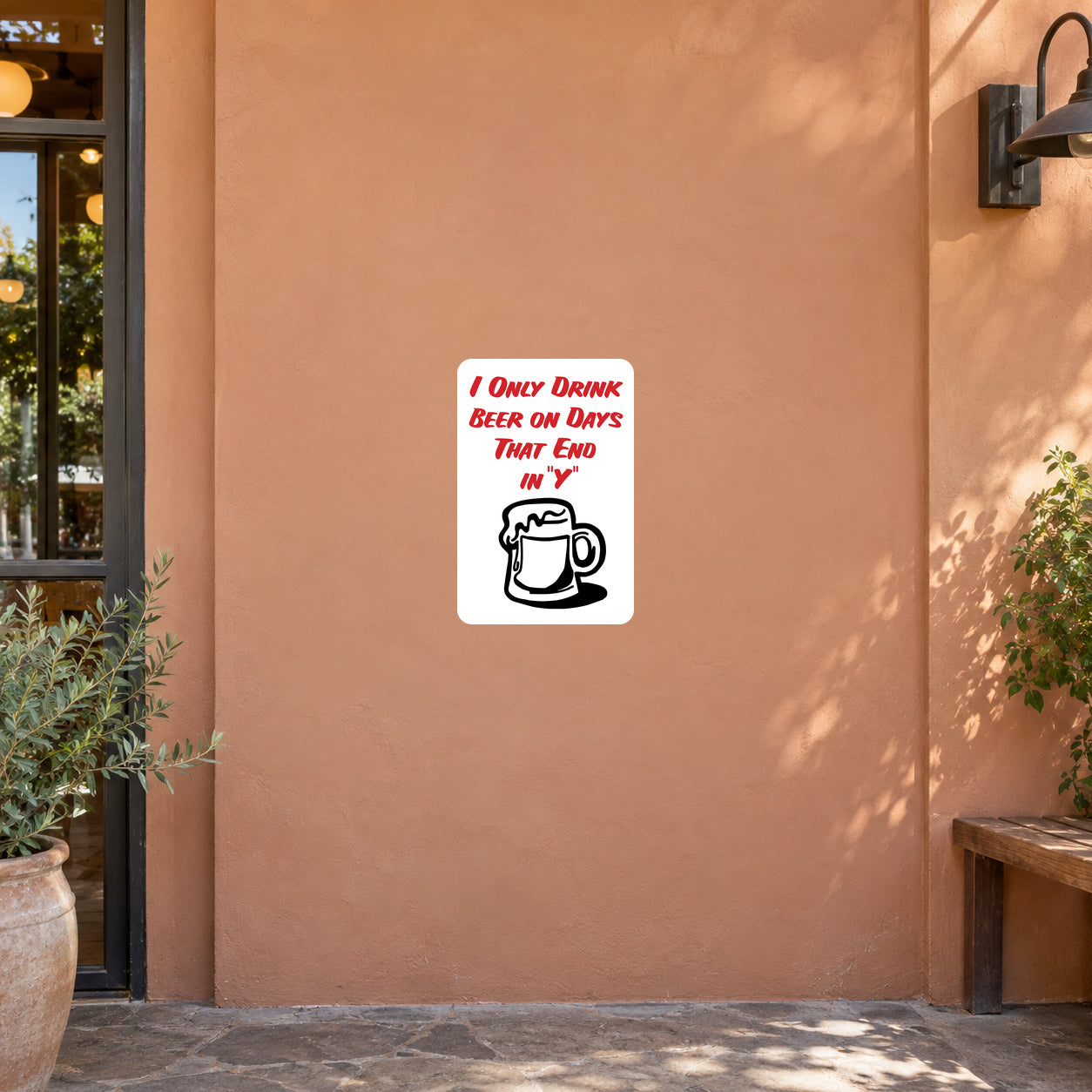 Beer quote sign sticker with red text and black beer mug icon