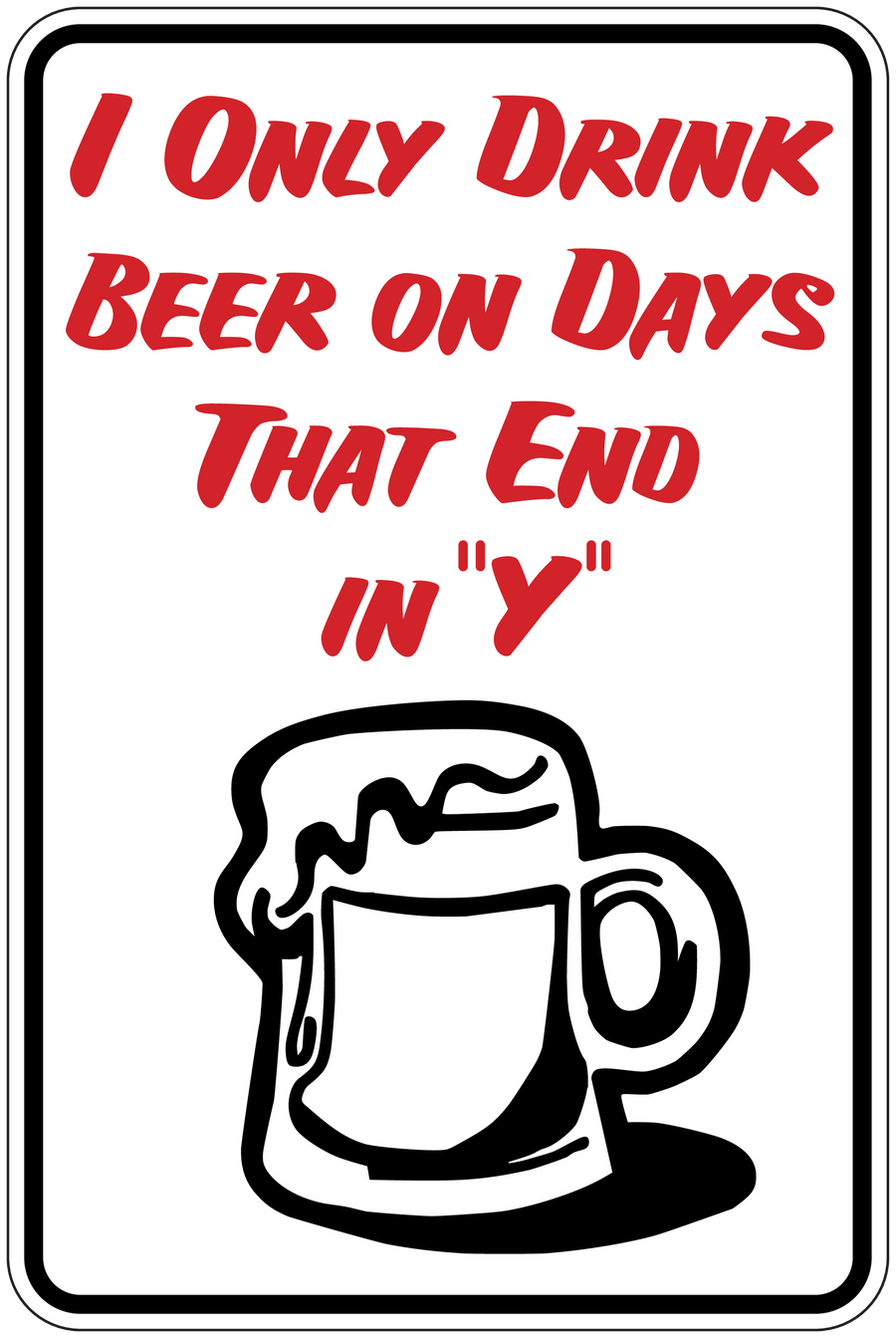 Beer drink fun sign sticker with red text and black beer mug icon