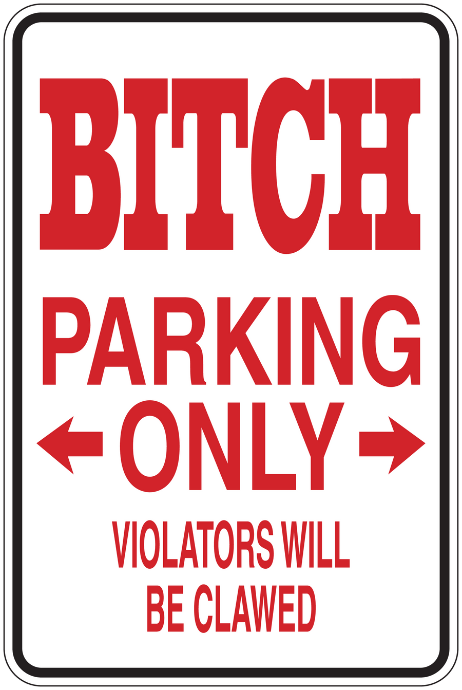 Red and white rectangular parking-only sign sticker with arrows and 'Violators will be clawed'