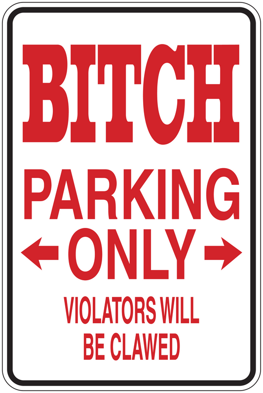 Red and white rectangular parking-only sign sticker with arrows and 'Violators will be clawed'