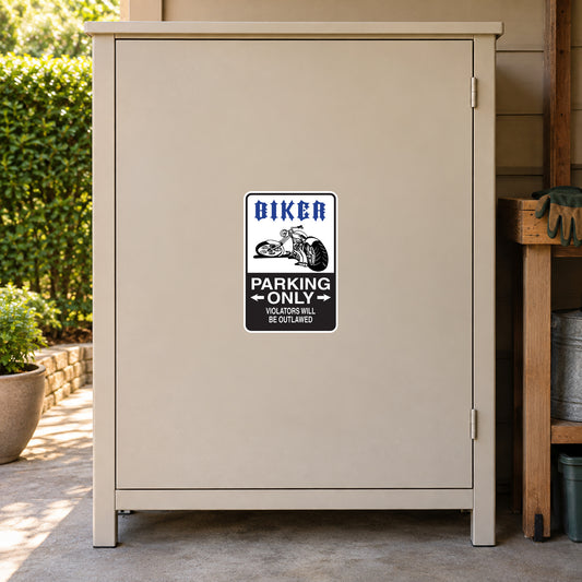 Biker parking only warning sticker, black and white sign with rider graphic and text