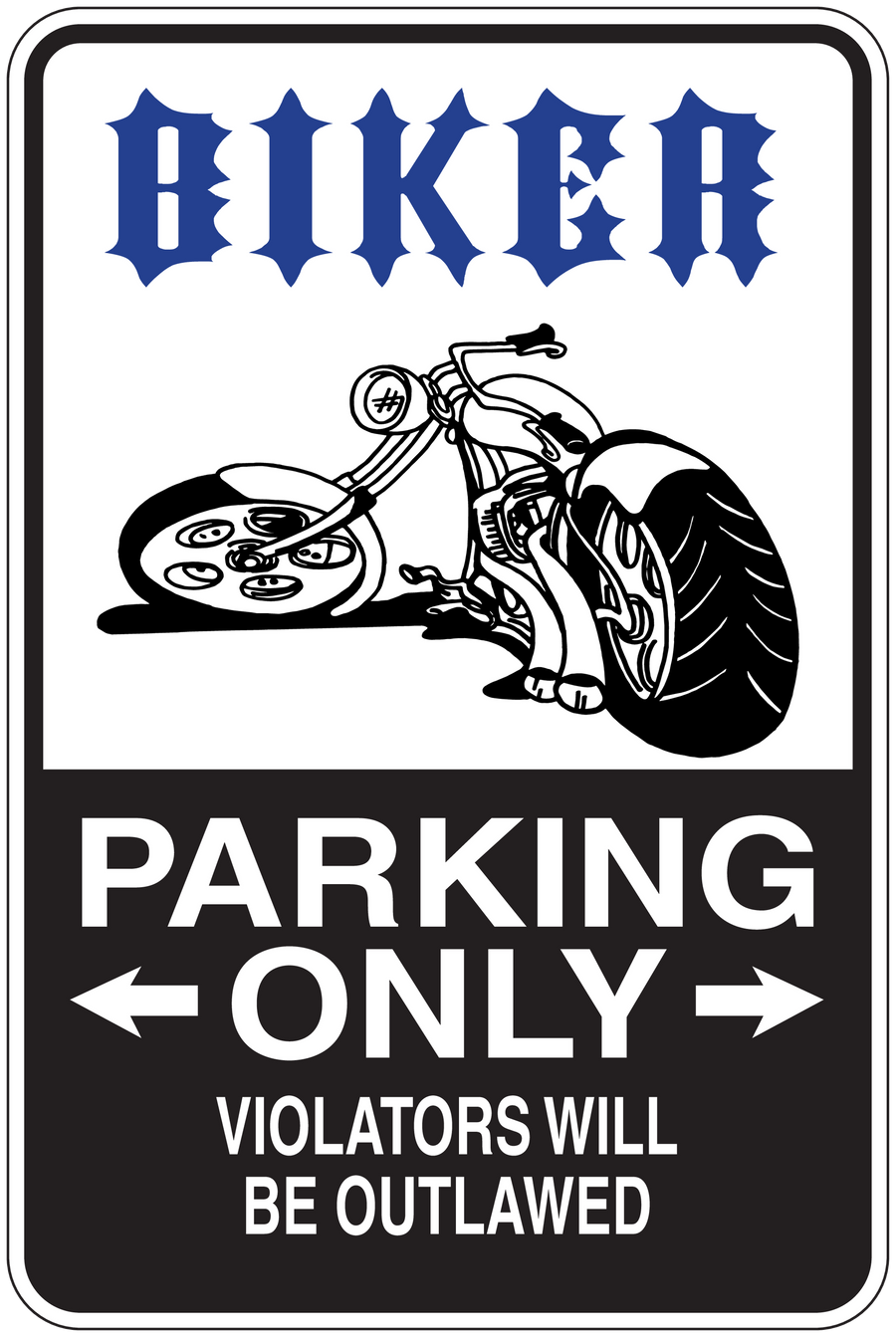 Biker parking only sticker with motorcycle graphic and 'PARKING ONLY' arrows