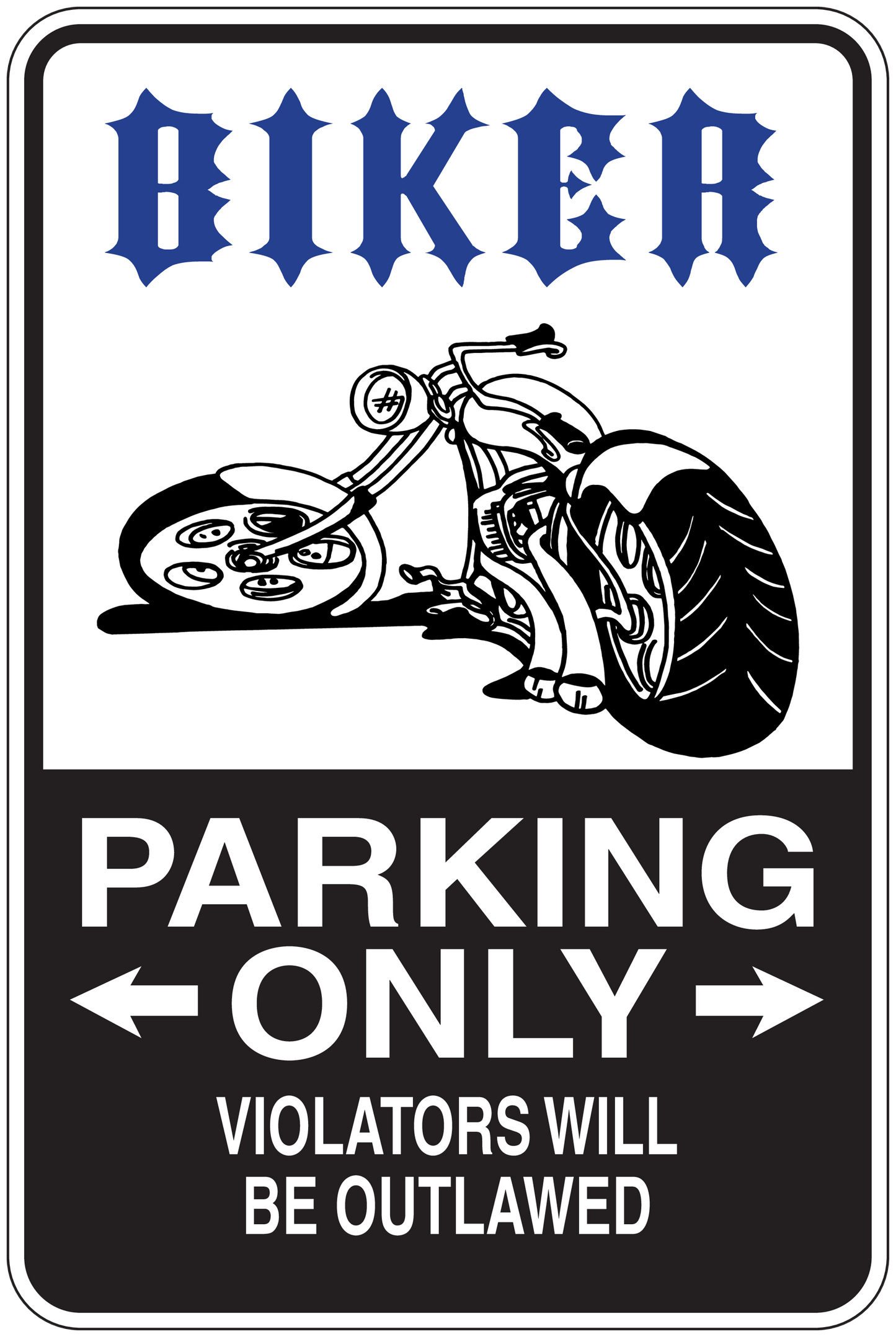 Biker parking only sticker with motorcycle graphic and 'PARKING ONLY' arrows