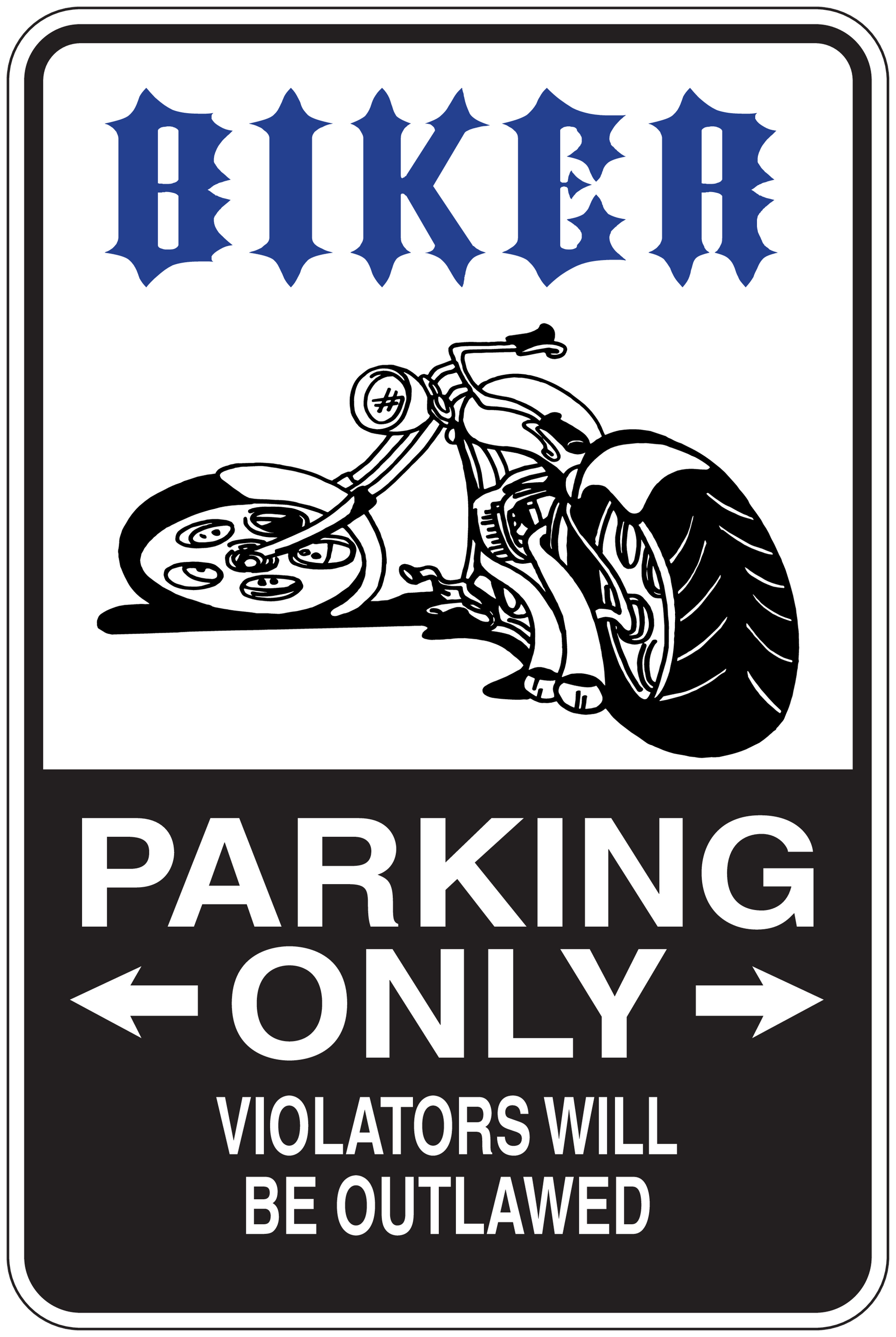 Biker parking only sticker with motorcycle graphic and 'PARKING ONLY' arrows