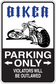 Biker parking only sticker with motorcycle graphic and 'PARKING ONLY' arrows