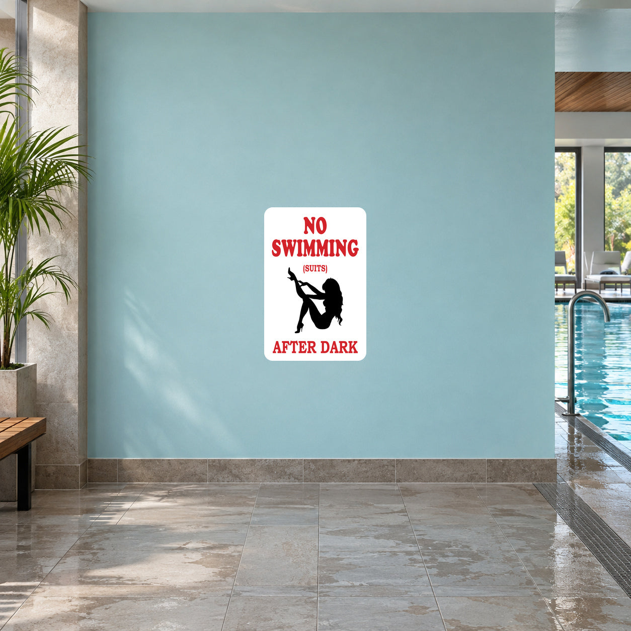 No Swimming Suits Fun Sign Sticker applied to a pale aqua indoor pool wall