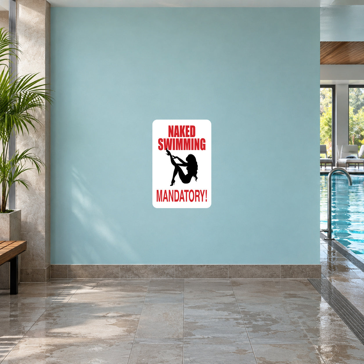 Naked Swimming Mandatory Fun Sign Sticker applied to a pale aqua indoor pool wall
