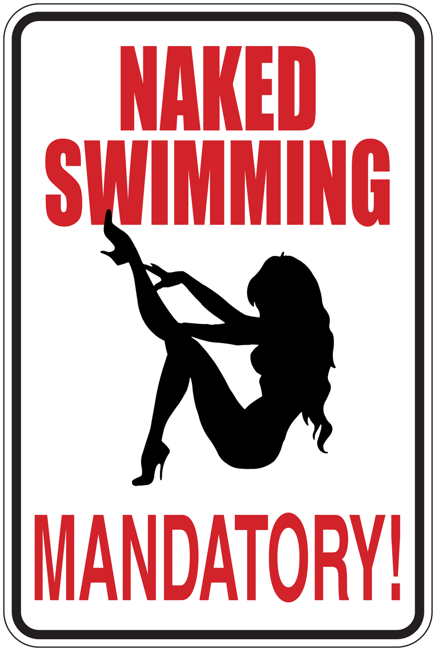 Naked Swimming mandatory sign sticker with red text and black swimmer silhouette