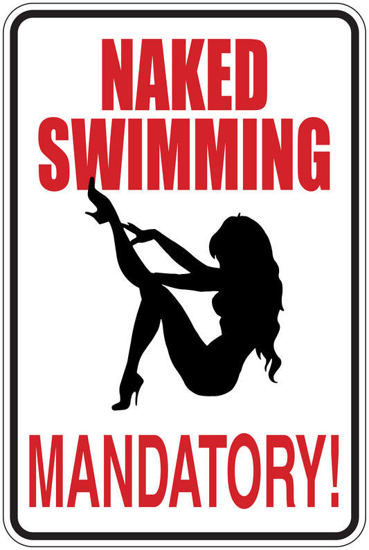Naked Swimming mandatory sign sticker with red text and black swimmer silhouette