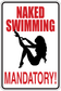 Naked Swimming mandatory sign sticker with red text and black swimmer silhouette