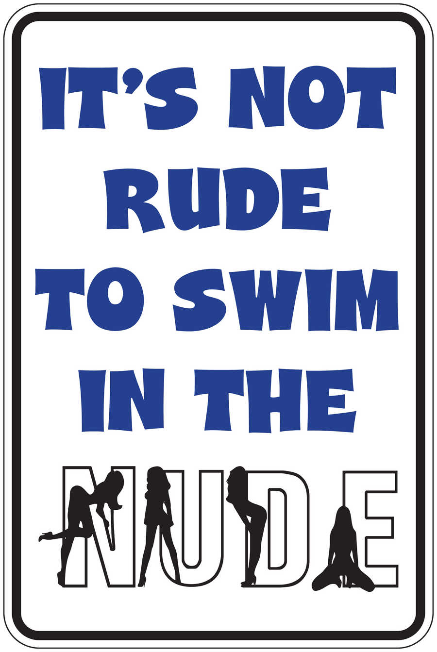 Humor swim sign sticker with blue text "IT'S NOT RUDE" and nude silhouette figures