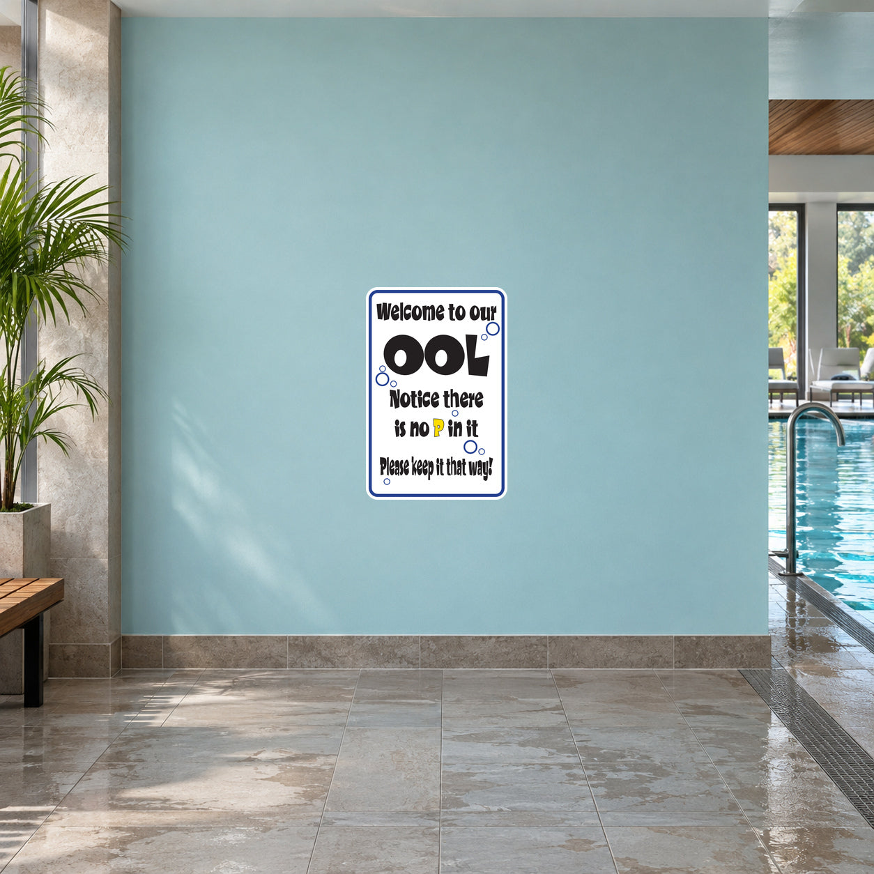 Square pool welcome wall sticker with bold POOL text and small notice lines