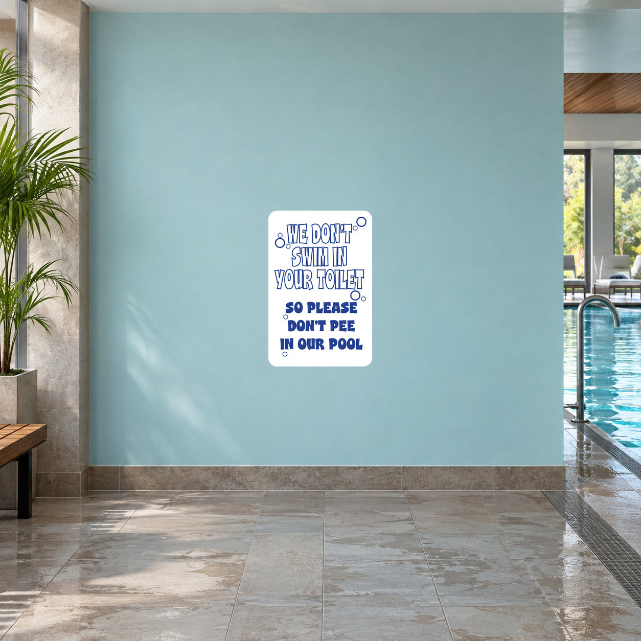 Fun sign sticker: white square with blue text, 'We Don't Swim In Your Toilet'.
