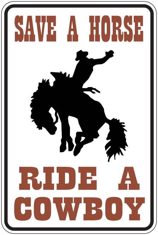 Horse riding fun sign sticker with cowboy on horseback silhouette and bold slogan text