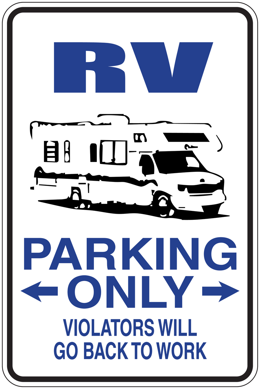 RV parking only sign sticker with RV graphic and blue PARKING ONLY arrows